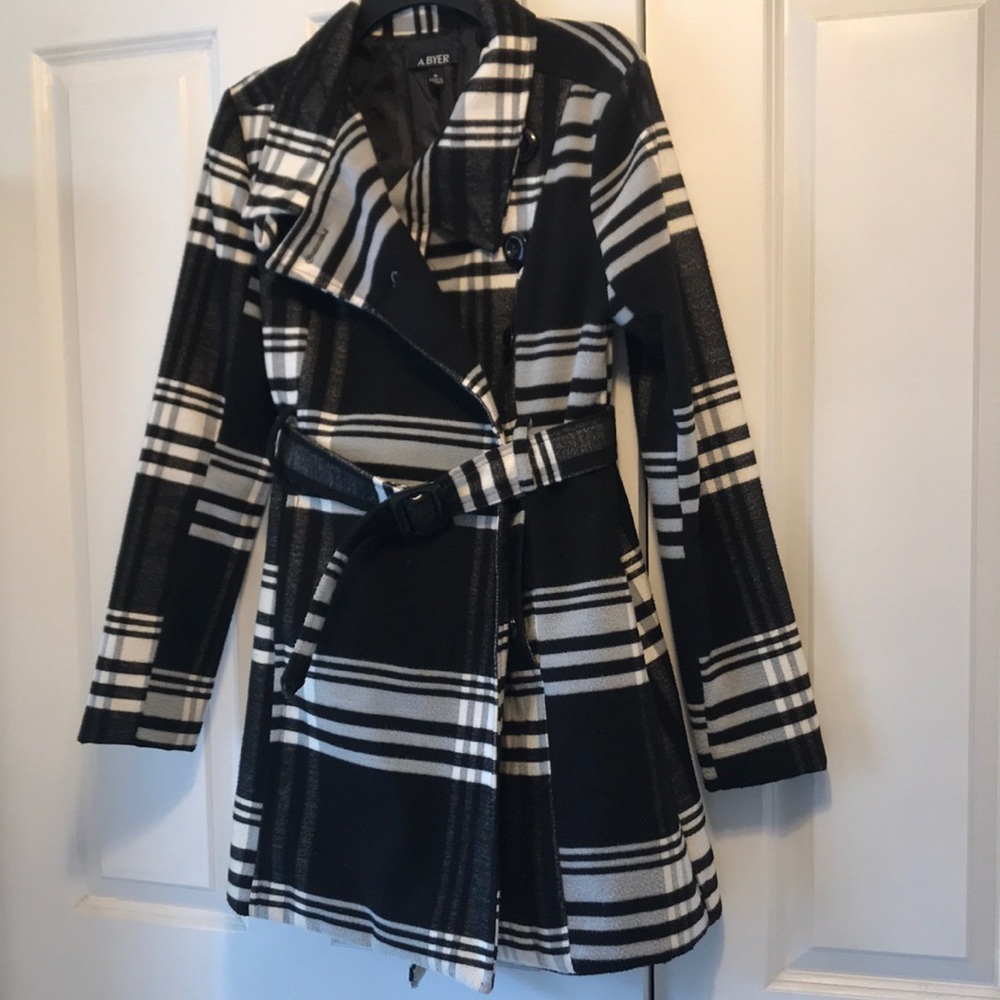 A. Byer Plaid Belted Peacoat